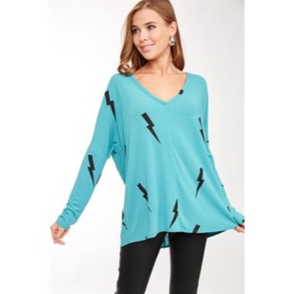 L Love Lightning Bolt Teal Long Dolman Sleeve Stretchy V-neck Top - Picture 1 of 5